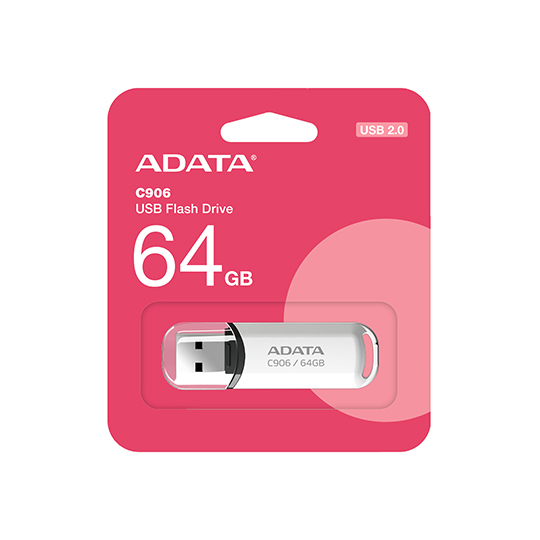 Memoria USB Adata C906, 64GB, USB 2.0, Lectura 30 MB/s, Escritura 8 MB/s, Blanco