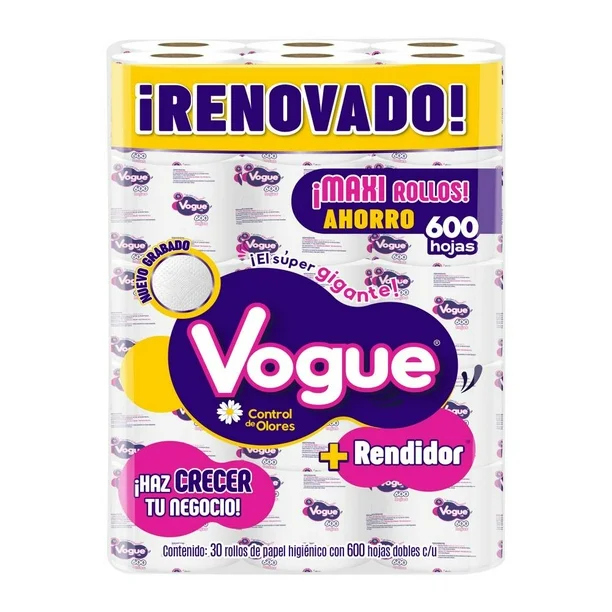 Papel Higiénico Vogue con 30 Rollos de 600 Hojas Dobles
