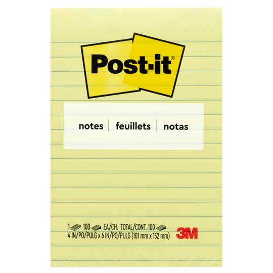 Notas adhesivas Mod. 660 Post-it amarillas 4x6 pulgadas 1 block con 100 hojas ra