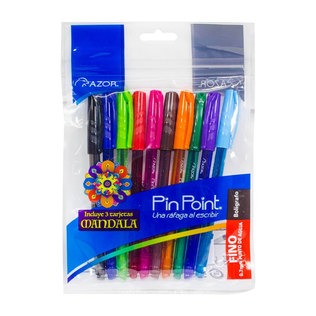 Azor Pin Point Bolígrafo Mandala Punto de Aguja 0.7mm Colores Surtidos Paquete con 10 Piezas