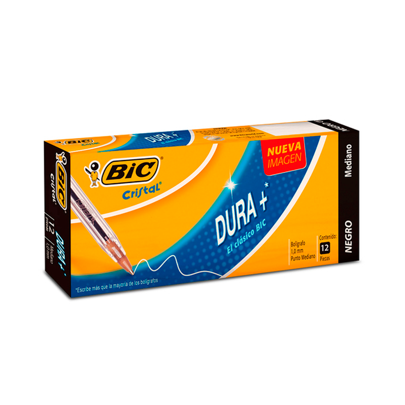 Bolígrafo BIC Cristal Dura+ 1 mm Negro  Caja 12 pzs – Escritura [923995]