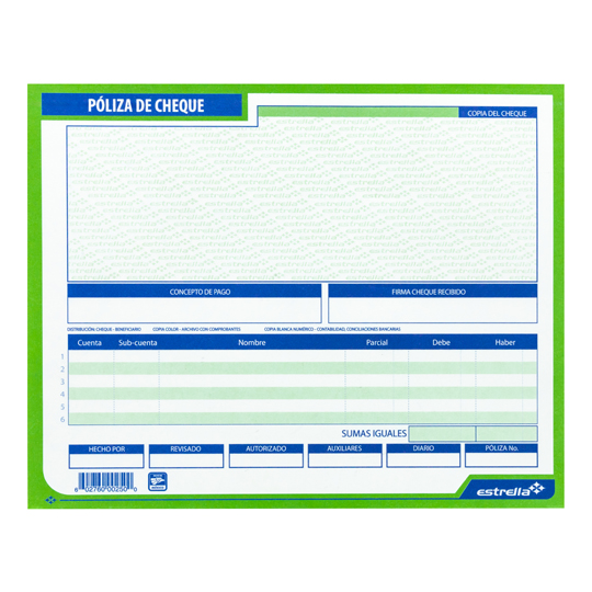 BLOCK PóLIZA DE CHEQUE 25 JUEGOS 1/2 CARTA, MEDIDAS 21.1 X 16.9 CMS