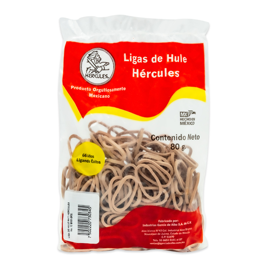 Ligas Hercules de hule natural no. 12. bolsa con 80 gramos