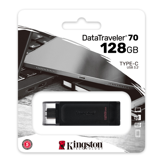 Memoria USB Kingston Datatraveler 70,128GB,USB-C 3.2, Negro