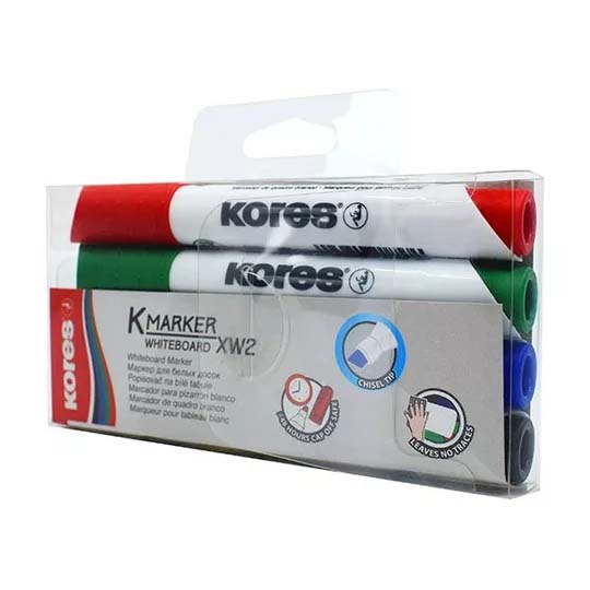 Marcador para pizarrón Kores, rojo, azul, verde y negro, con 4 piezas