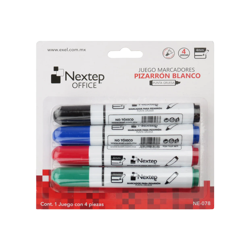 Marcadores Para Pizarrón Nextep Punta Cincel 4mm Colores Surtidos Pack 4pzs [NE‑078]