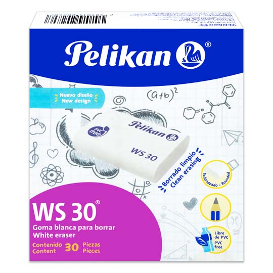 Goma Pelikan WS30  blanca plástica caja con 30 piezas