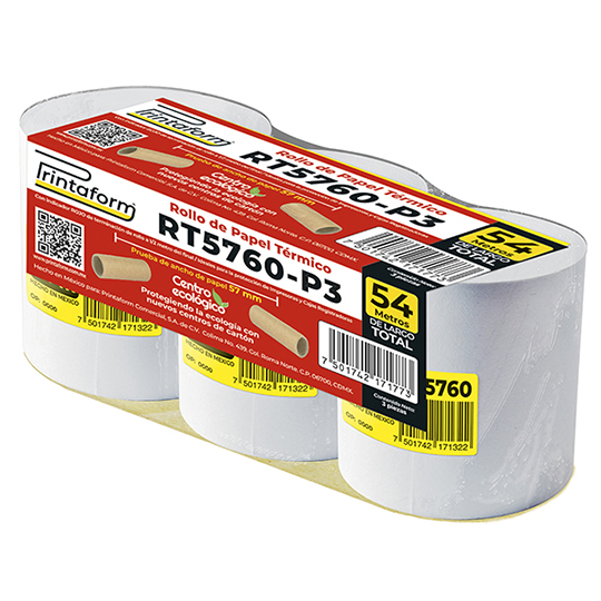 Rollo de papel térmico Printaform 57 mm x 54 m paquete de 3 rollos.