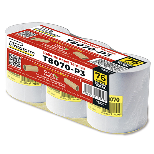 Rollo de papel térmico Printaform 80 mm x 76 m paquete de 3 rollos.