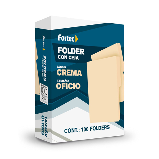 Folder manila económico Fortec oficio color crema ceja 1/2 caja con 100 pzas