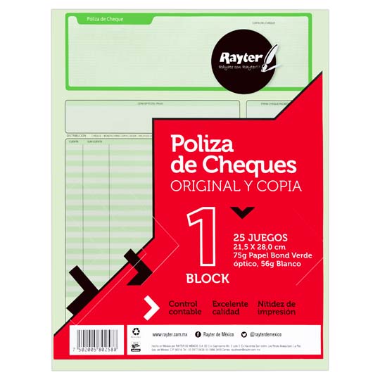 Póliza De Cheque Rayter, Tamaño Carta, C