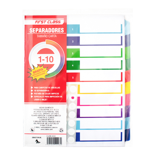 Separadores Dietrix tamaño carta del 1 al 10 pestañas de color