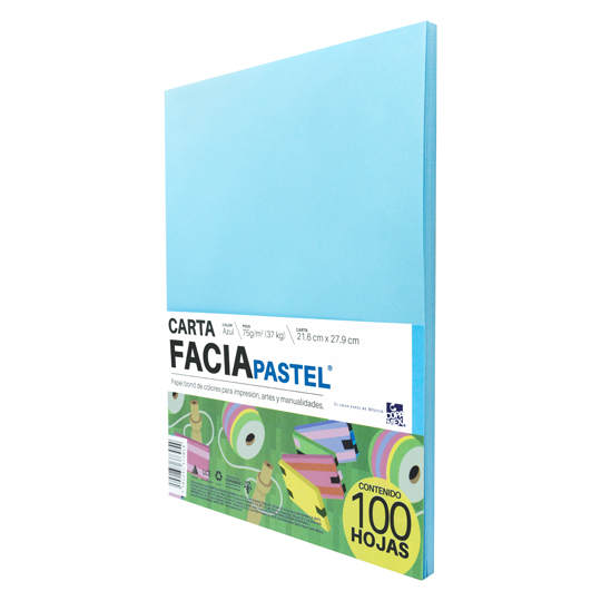 Paquete de hojas de color Facia Pastel tamaño carta color azul 75gr 100 hojas