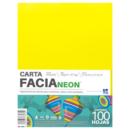 Paquete de hojas de color Facia Neon tamaño carta color amarillo 75gr 100 hojas