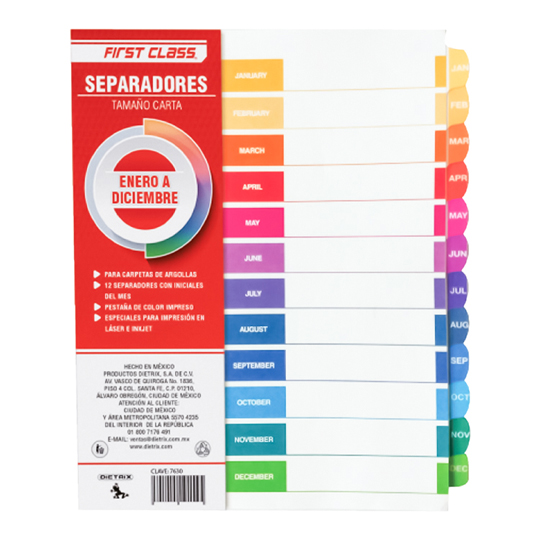 Separadores Dietrix Tamaño Carta de Enero a Diciembre Pestañas de Color