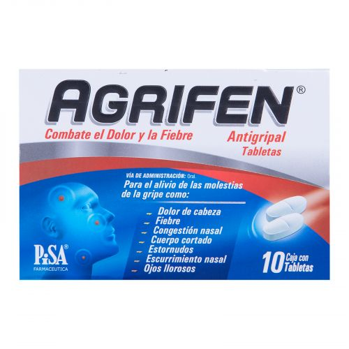 AGRIFEN 500mg, 25mg, 5mg, 4mg, Caja con 10 Tabletas Paracetamol, Cafeina, Clorhidrato de Fenilefrina y Maleato de clorfenamina