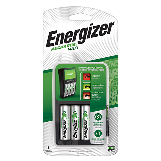 Cargador maxi Energizer con 2 pilas AA.