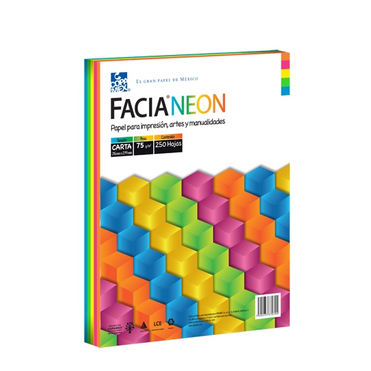 Paquete de hojas de color Facia Neon tamaño carta mix 5 colores 75gr 250 hojas