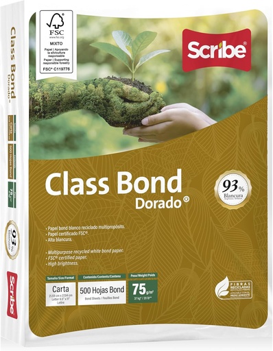 [KC-PAP-DORADOCT-1] Class Bond Dorado Tamaño Carta Paq 500 Hojas. 93% Blancura Presentación Resma. [KC-PAP-DORADOCT-1]