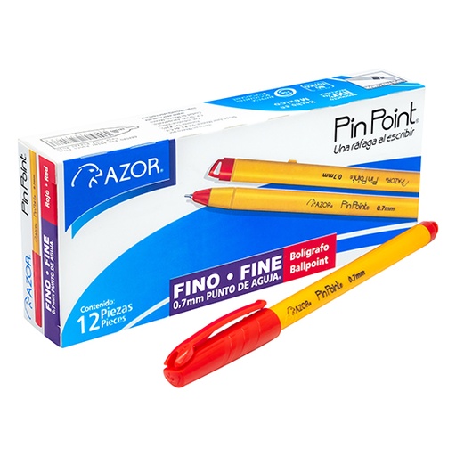 [AZO-BOL-6820ROJ] Bolígrafo fino Pin Point 0.7 mm color rojo cuerpo amarillo caja con 12 pzas