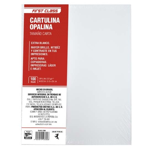 [ATPAPEAG0000096] CARTULINA OPALINA DIETRIX 100 HOJAS TAMAÑO CARTA 225 GR