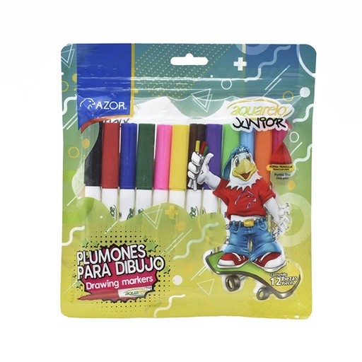 [2912] Marcador lavable Aquarelo Jr. punta bala1 mm colores surtidos empaque 12 pzas