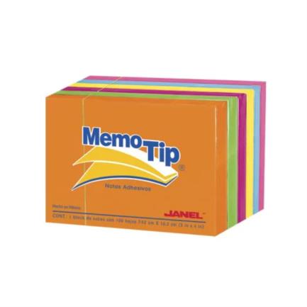 [6560304797] Notas Adhesivas Janel Memo Tip Neón 3"x4"(7.62cm x10.16cm) Colores Surtidos Paq 6 Blocks con 100 Hojas c/u.