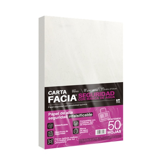 [COP-PAP-SEGU] Paquete de papel seguridad Facia tamaño carta blanco 90gr 50 hojas