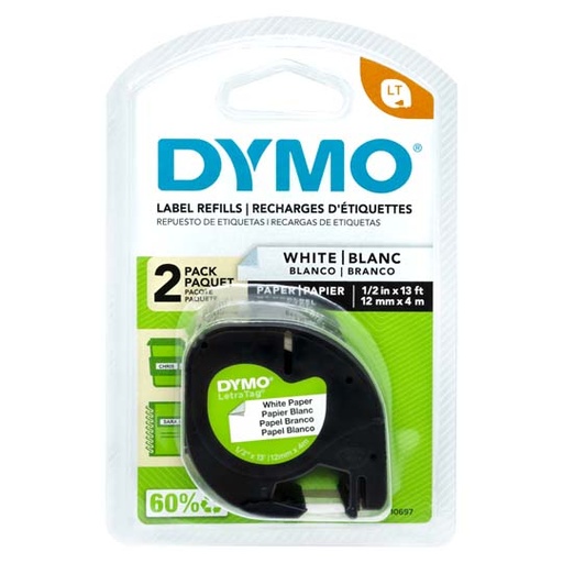 [BER-CNT-10697] Cinta de Papel DYMO Letratag Negro Sobreblanco de 12mmx4m Blíster con 2 Piezas