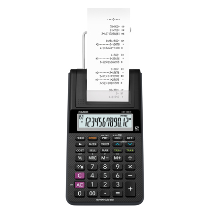 [HR-10RC-WA-IC] Calculadora Casio con impresora tipo Sumadora HR-10RC negro pantalla LCD  Costo Venta y Margen 150 pasos