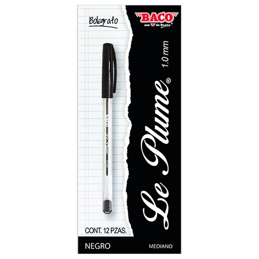 [BAC-BOL-PLUMN12]  BOLIGRAFO BACO LE PLUME 1.0MM NEGRO CAJA C/12 
