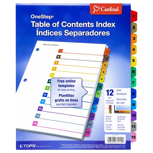 Separador numérico con índice Cardinal carta 1-12 divisiones impresas