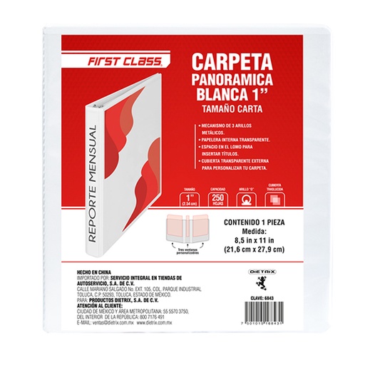 [DIE-CAR-6843] Carpeta Tamaño Carta Dietrix 1 Pulgada Herraje o Color Blanca con Ventana