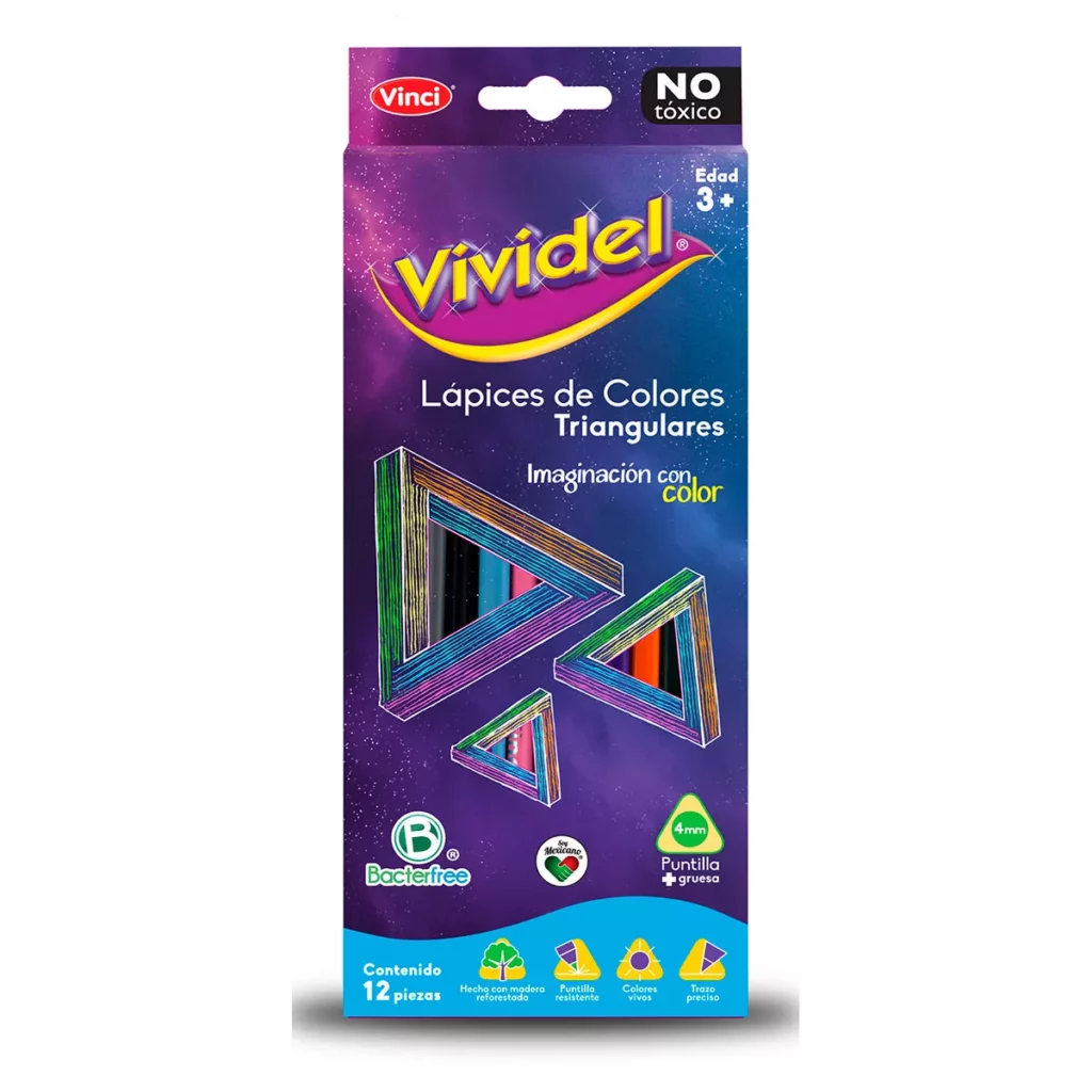 [5401195] COLORES VIVIDEL 4MM C/12 TRIANGULAR ATADO DE 4 PZAS.