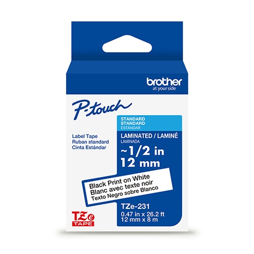 [BRO-CIN-TZE231G] Cinta Brother negro sobre blanco de 12mm TZE231G