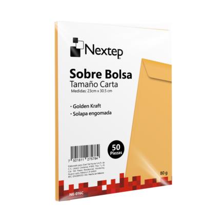 [NE-016C] Sobre Bolsa Nextep Económico Tamaño Carta Solapa Engomada Paquete c/50