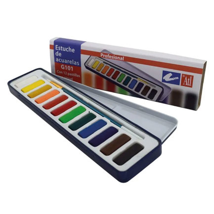 [20073] Estuche Metálico de Acuarela ATL c/12 Pastillas Pincel