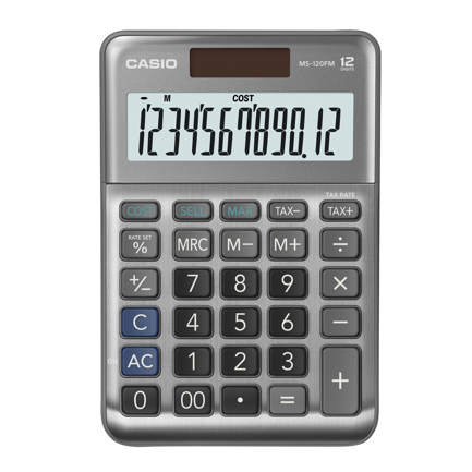 [MS-120FM-W-DP] Calculadora de Escritorio Casio MS-120FM 12 digitos gris metalico calculo de costo venta y margen doble alimentacion