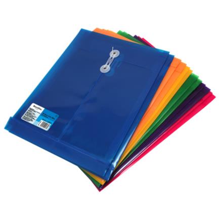 [115A4V.] Sobre Barrilito Plástico con Hilo Carta Vertical Colores Surtidos Paq C/12 Pzas