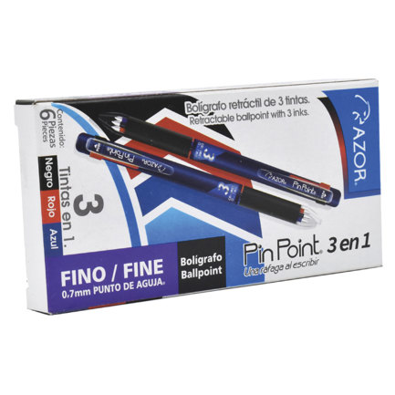 [6130CS] Boligrafo Azor Pin Point Retractil 3 en 1 Negro Azul y Rojo Punto Fino 0.7mm Caja C/6