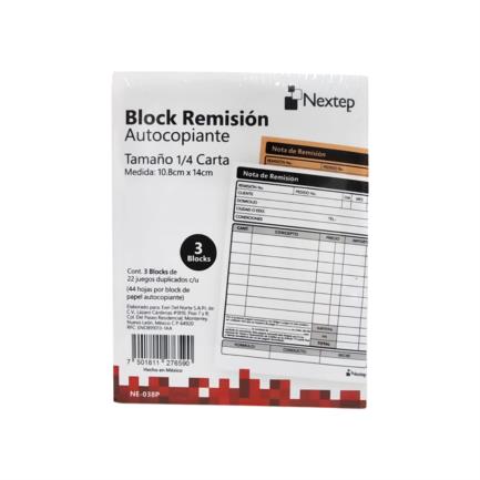 [NE-038P] Block Remision Autocopiante Nextep 1/4 Carta 3 Blocks 44 Hojas CU