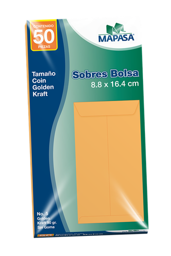 [IM0168] Sobre COIN Kraft Mapasa 60Kg Pegue al Centro Solapa Engomada 8.8x16.4cm 10 Pqtes C/50 Sobres c/u