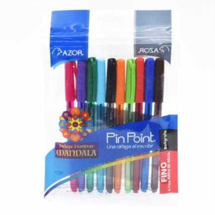 [6810] Bolígrafo Pin Point Mandala Punta Fina 0.7mm Colores Surtidos C/10 Piezas