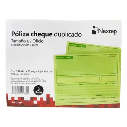 [NE-038H] Poliza Cheque Nextep 1/2 Oficio 3 Blocks 25 Juegos Duplicados CU