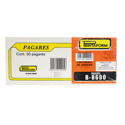[8600 PAGARE PRINTAFORM] Pagaré 8600 PRINTAFORM C/50 Hojas