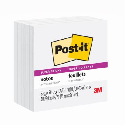 [654-5SSW] Cubo Blanco 3M Super Sticky 7.6x7.6cm 5 Blocks 90 Hojas c/u