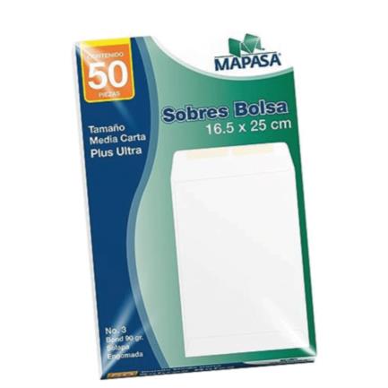 [IA0311] Bolsa Bond Mapasa Media Carta Solapa Engomada p/lateral 16.5x25cm 10 bolsas c/50 sobres