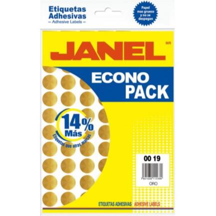 [E060019210] Etiquetas Adhesivas Janel Econopack Fluorescente Redonda 00x19mm Color Oro Sobre C/560