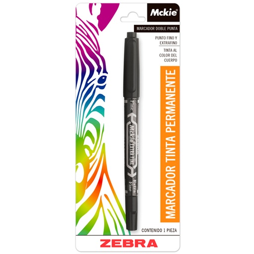 Marcador Doble Punta Mckie Zebra, Punta Fina y Extra Fina, Negro, Blíster 1 Piez