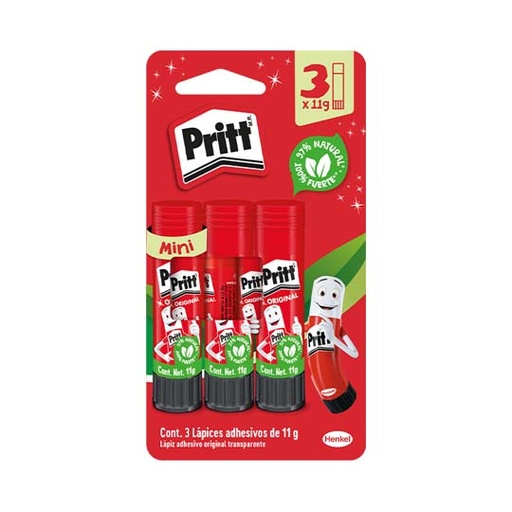 Lápiz Adhesivo Pritt en Barra de 11 Grs Blíster con 3 Piezas